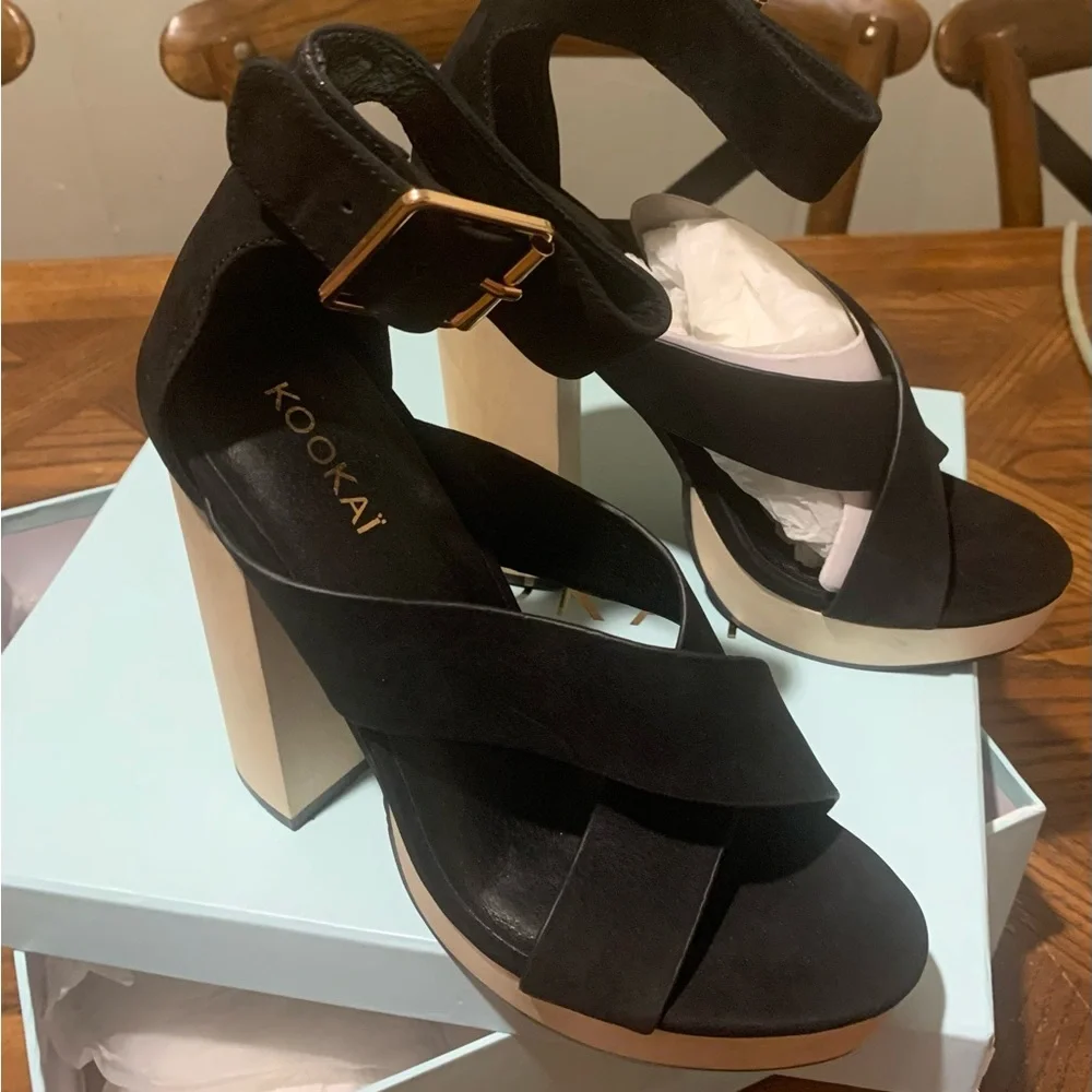 KOOKAI Sz 39 Black Jennifer heels Leather Upper Wooden Platform Heels NWT 🤎 - Picture 9 of 11